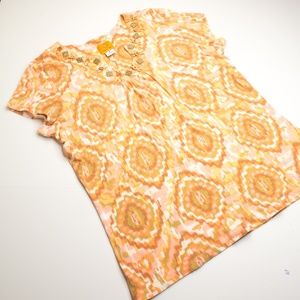 Ruby Rd Orange Pattern Wood Beaded Neck Top